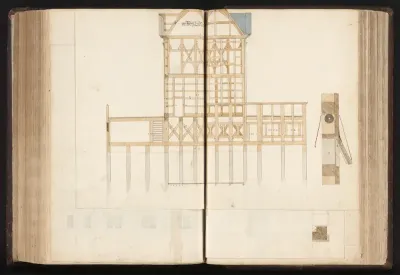 Doorsnede of zijaanzicht van het skelet van een Blokhuis in de Amstel