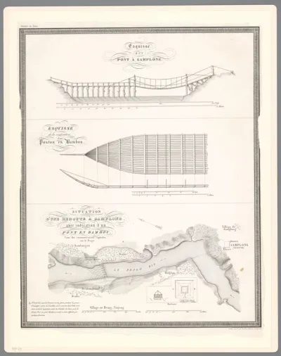 Doorsnede van een brug te Gamplong, ponton van bamboe, en plattegrond van de Progorivier bij Gamplong