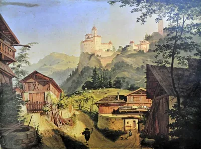 Dorfszene in Waidbruck Südtirol mit Trostburg im Hintergrund um 1845.