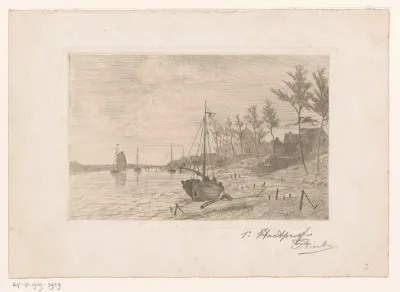 Dorp aan een rivier met een boot langs de oever
