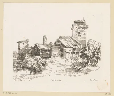Dorp in een landschap met rechts een toren