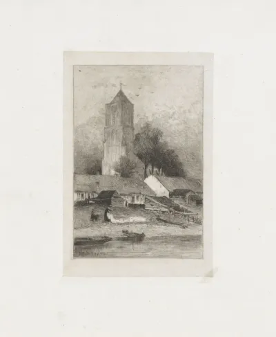 Dorp met kerktoren aan het water