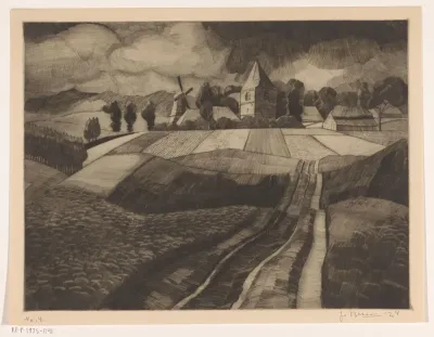 Dorp met molen en kerk in heuvellandschap