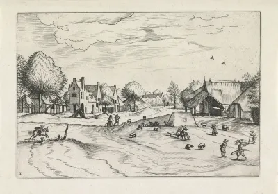 Dorp met schapen en zittende herder