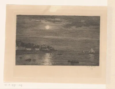 Dorpje aan het water, bij maanlicht