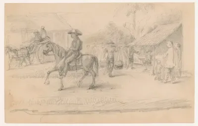 Dorpsbeeld in N.O. Indië met op de voorgrond een ruiter te paard