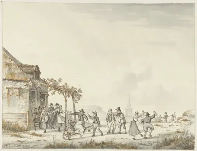 Dorpsfeest bij een herberg aan de duinen