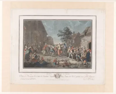 Dorpsfeest met dansende en etende figuren