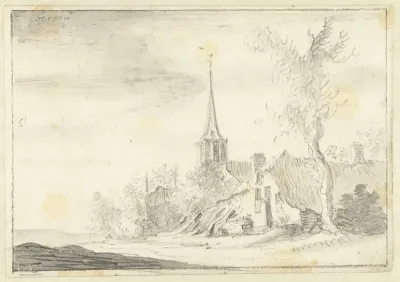 Dorpsgezicht, in het midden een kerktoren met een hoge spits