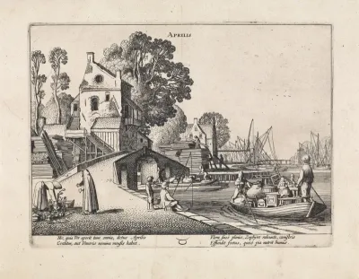 Dorpsgezicht met bedrijvigheid op het water: april