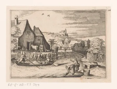 Dorpsgezicht met bocht in een rivier