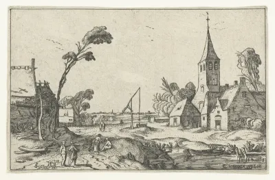 Dorpsgezicht met boerderijen, kerk en een waterput