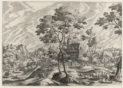 Dorpsgezicht met een kasteel