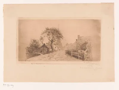 Dorpsgezicht met een kerktoren in de achtergrond
