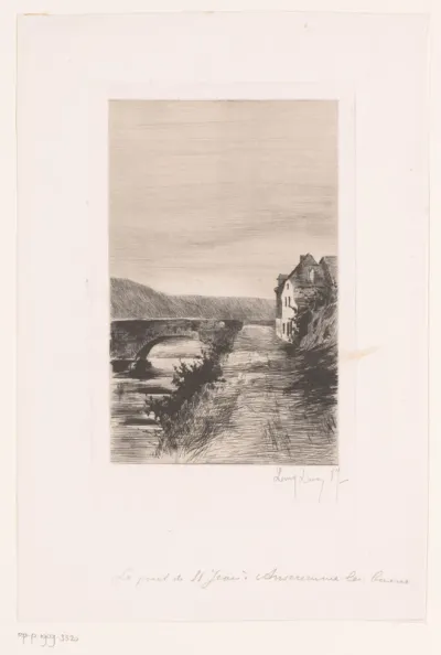 Dorpsgezicht met een stenen brug over een rivier