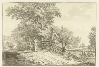 Dorpsgezicht met enkele personen op een brug