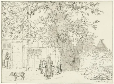 Dorpsgezicht met grote boom
