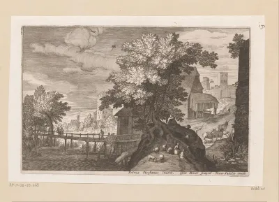 Dorpsgezicht met houten brug