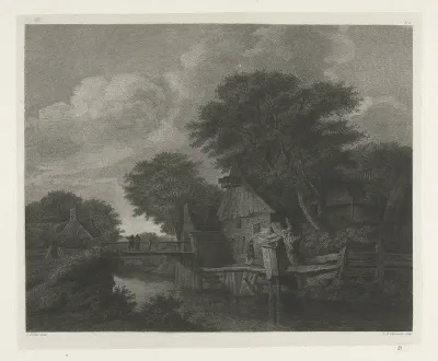 Dorpsgezicht met houten huizen bij een rivier