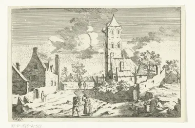 Dorpsgezicht met huizen en toren aan zandweg met figuren