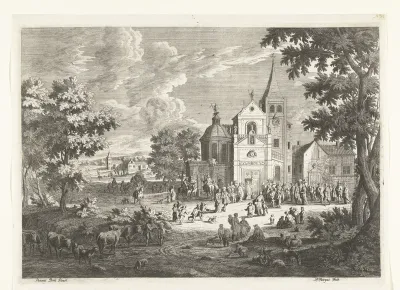 Dorpsgezicht met kerk waar geestelijke wacht op bruidspaar