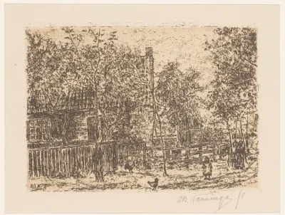 Dorpsgezicht met kippen op de weg