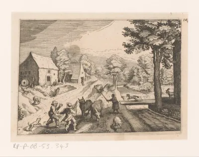Dorpsgezicht met landweg bij beek met boeren en vee