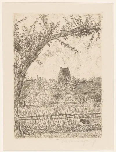 Dorpsgezicht met moestuin en kerk