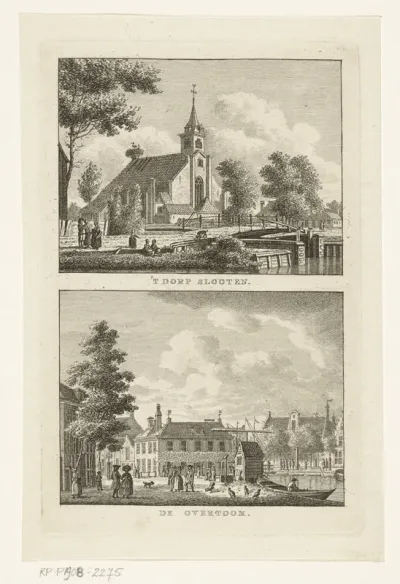 Dorpsgezicht met Nederlands Hervormde Kerk te Sloten en Stadsgezicht met Overtoom te Amsterdam