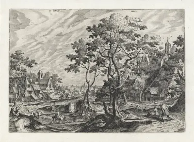 Dorpsgezicht met reizende figuren
