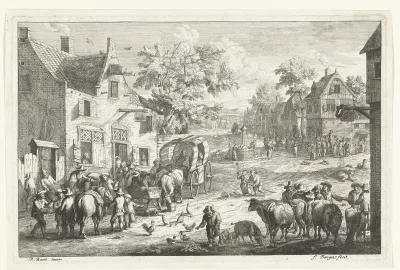Dorpsgezicht met reizigers en veehandelaren bij herberg