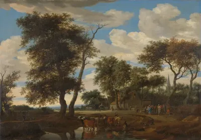 Dorpsgezicht met Roma en andere figuren
