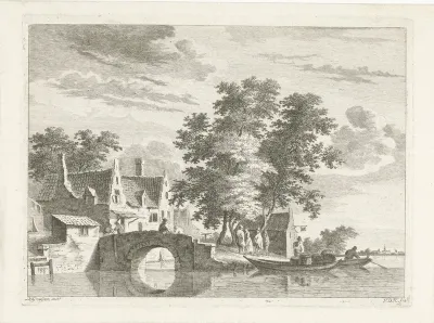 Dorpsgezicht met stenen brug