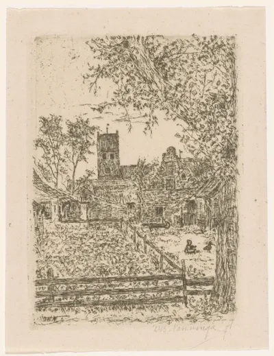 Dorpsgezicht met tuin en kerktoren