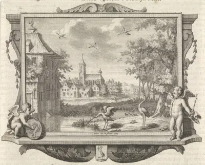 Dorpsgezicht met twee ooievaars bij een poel