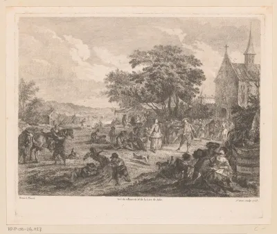 Dorpsgezicht met volksfeest voor een kerk
