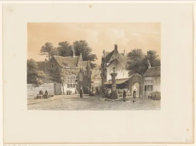 Dorpsgezicht met vrouwen bij de fontein