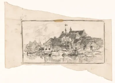 Dorpsgezicht met zeilschip in een gracht
