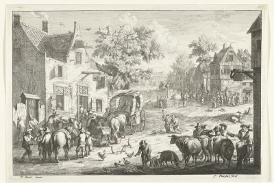 Dorpsgezicht metveehandelaren en reizigers voor herberg