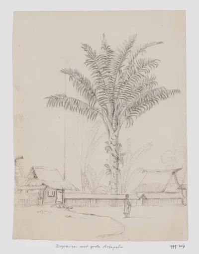 Dorpshuizen met grote arénpalm, Java