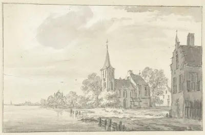 Dorpskerk en huizen aan een rivier