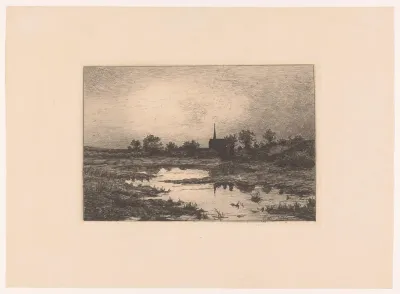 Dorpskerk in de avond, bij een meer