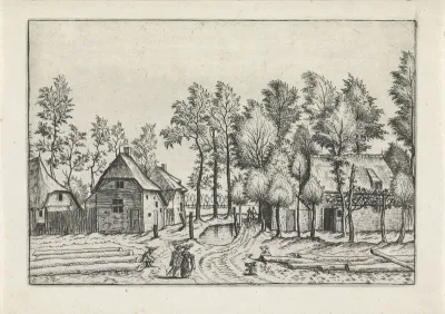 Dorpsstraat met boomstammen
