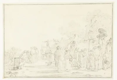 Dorpsstraat met een kwakzalver en andere figuren