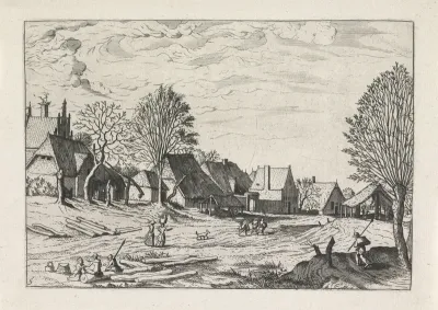 Dorpsstraat met een rustend paar op een boomstam