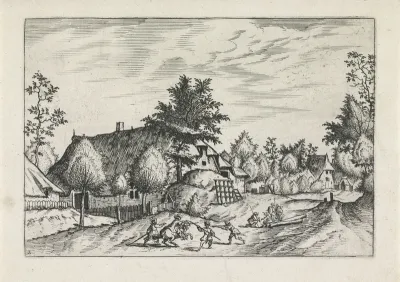 Dorpsstraat met hooiberg voor boerderij