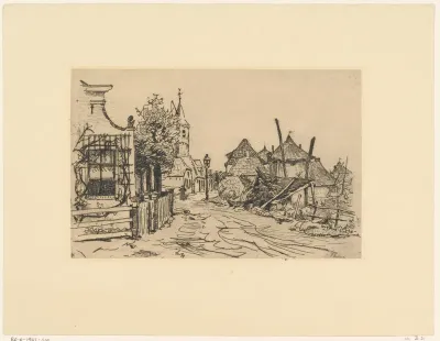 Dorpsstraat met huizen, kerktoren en hooiberg