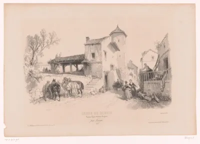 Dorpsstraat met paarden en diverse figuren
