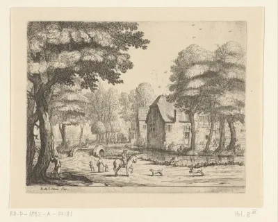 Dorpsstraat met stenen brug