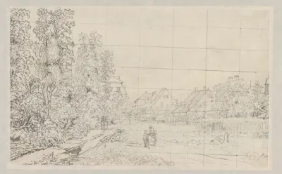 Dorpsweg met huizen (in Duitsland?) met twee figuren